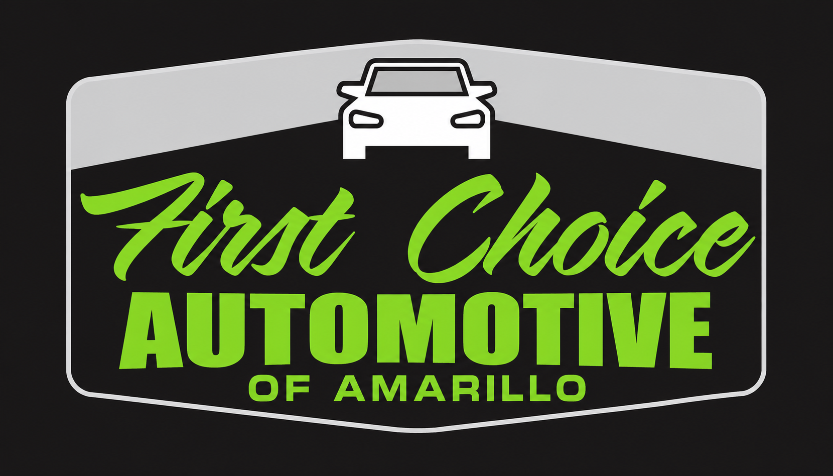 First Choice Automotive of Amarillo — green lettering and a white car inside a silver badge